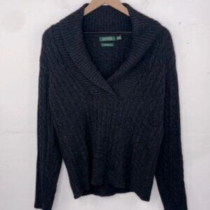 Ralph Lauren Cable Knit Pullover Charcoal Gray Cashmere V Neck Sweater sz Large